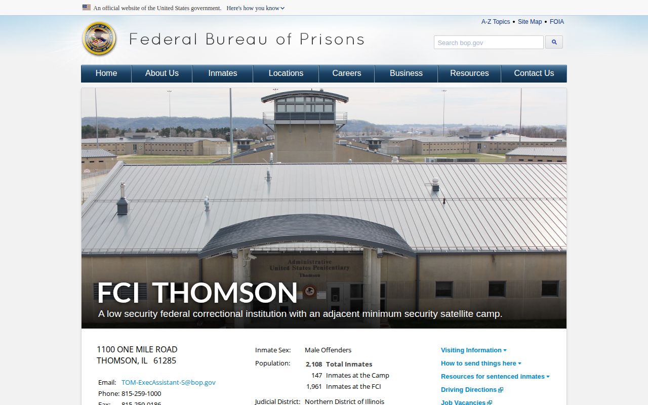 Official Federal Correctional Institution Thomson page and contact details