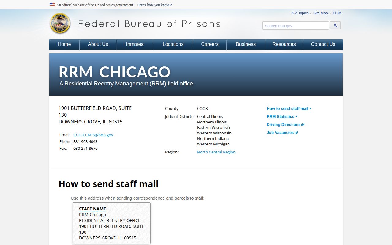 Official BOP RRM Chicago community corrections page