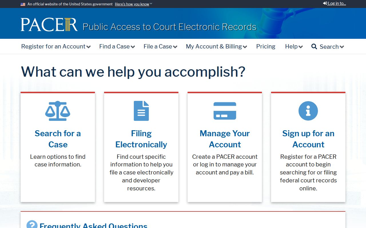 PACER federal court and docket search entry